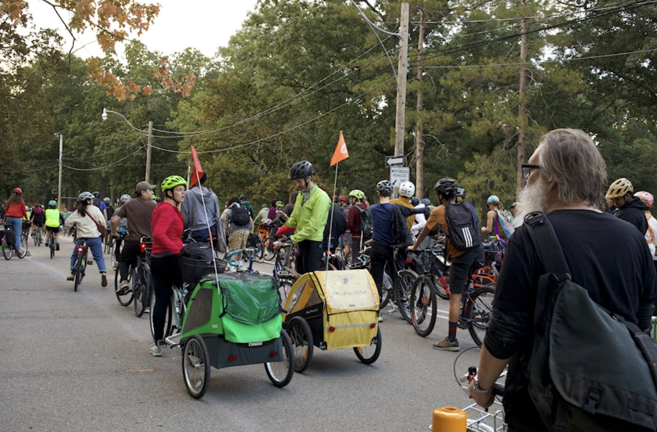 Cyclists gathered on a Toronto street during a bike-lane protest.